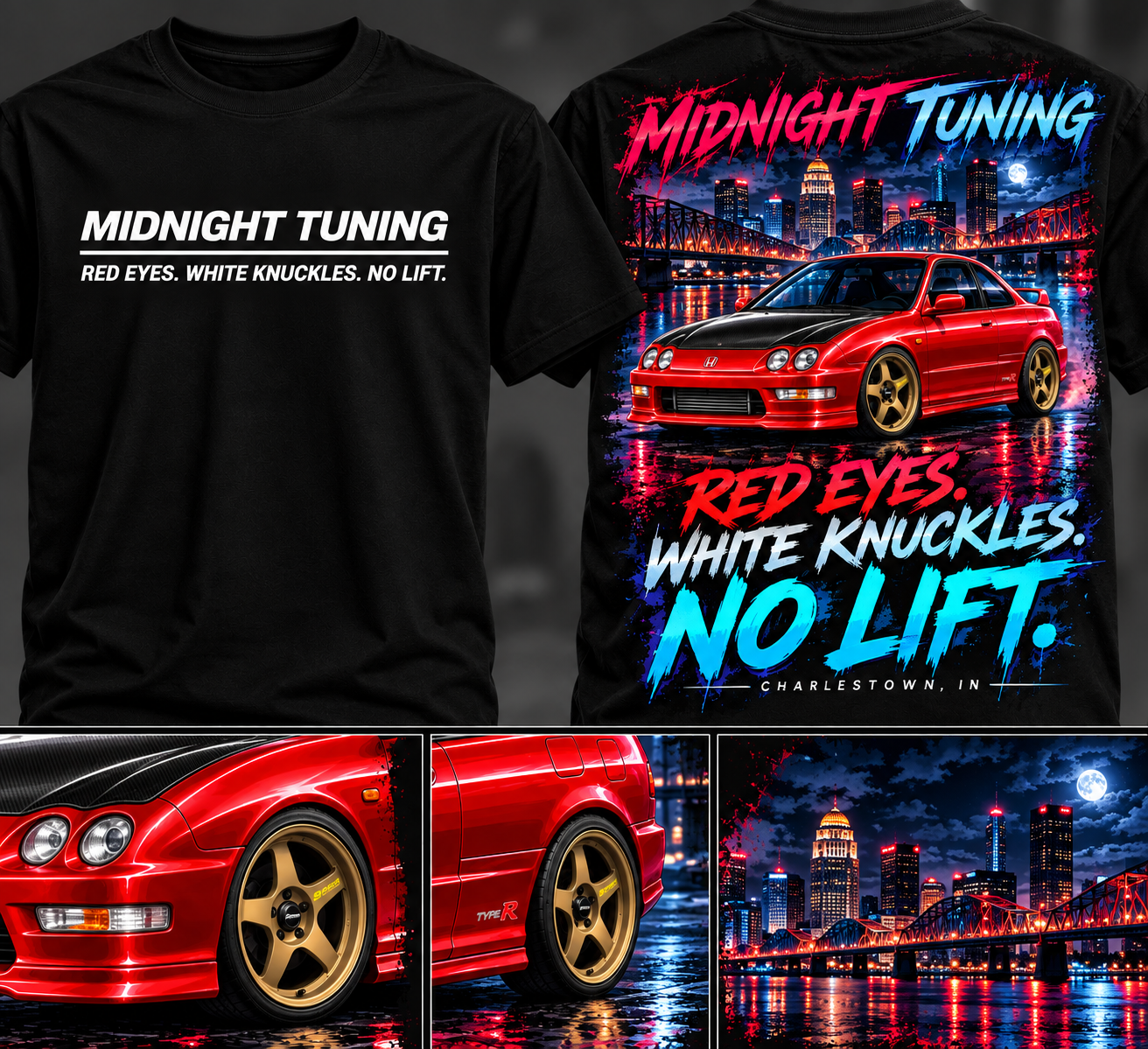 Front and back of the black Midnight Tuning shirt with a red Integra and Louisville skyline