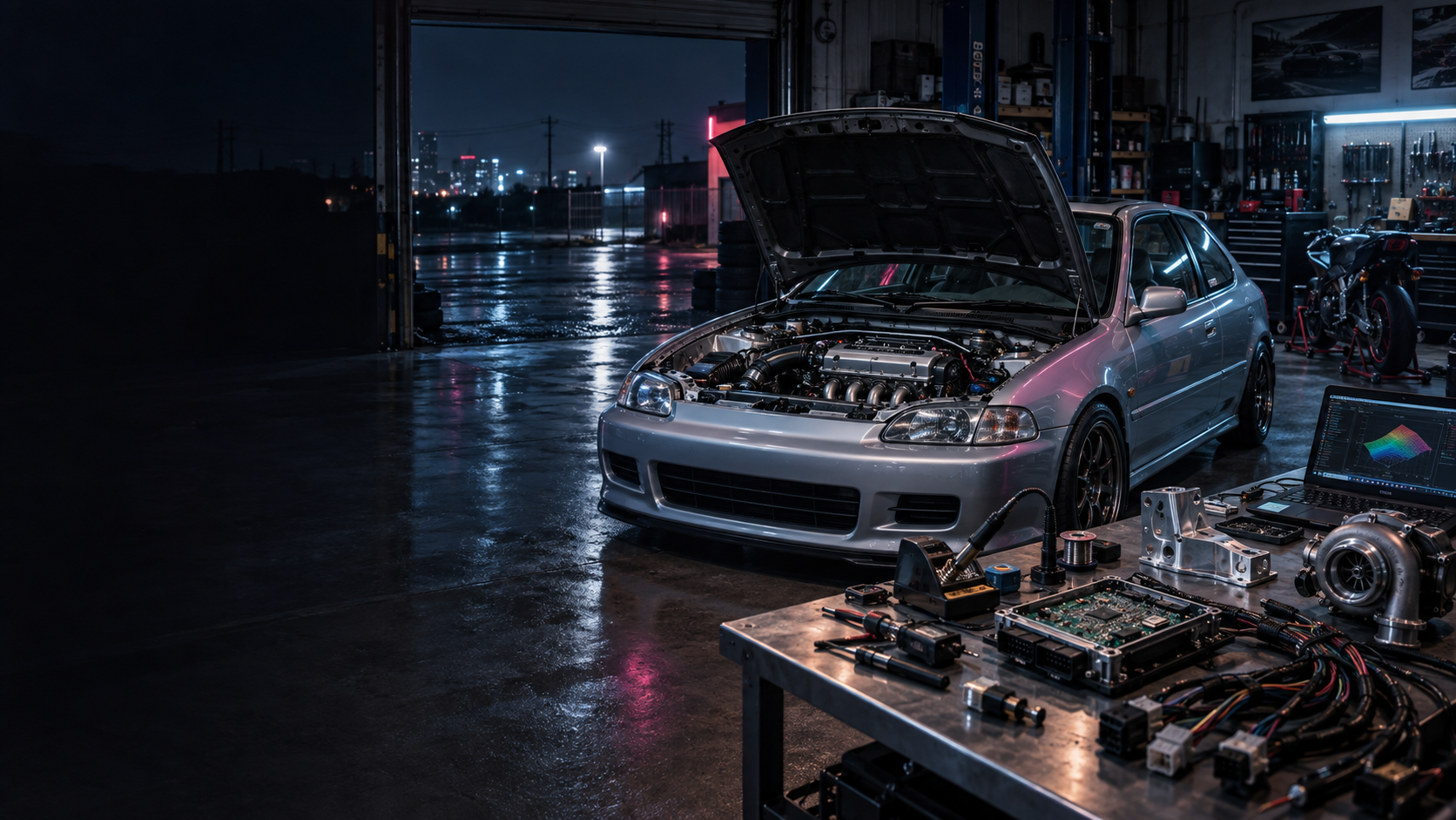 Golden-era performance car inside an after-hours tuning and fabrication shop